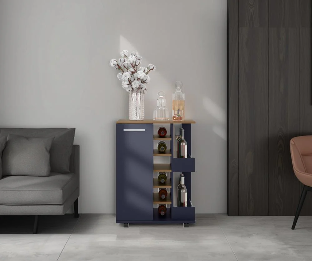Bar Cart Argus, Azul y Fresno Kronos, con Espacio Para Botellas y Porta Copas - Image 4