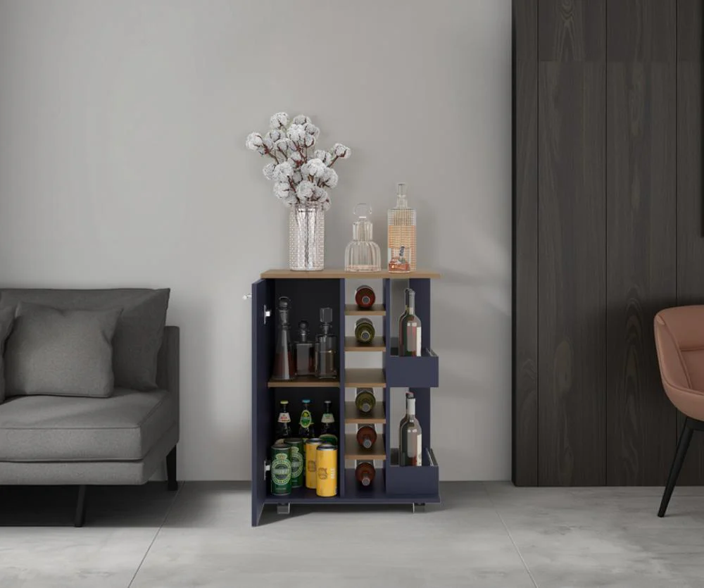 Bar Cart Argus, Azul y Fresno Kronos, con Espacio Para Botellas y Porta Copas - Image 5