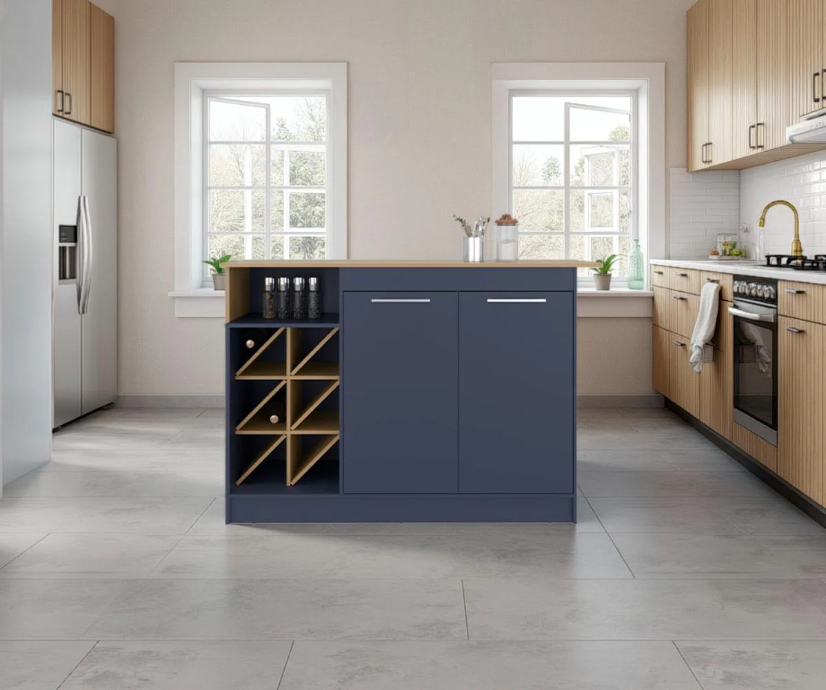 Barra de Cocina Lugano, Fresno Europeo y Kronos Azul, con espacio abierto para objetos decorativos ZF - Image 4