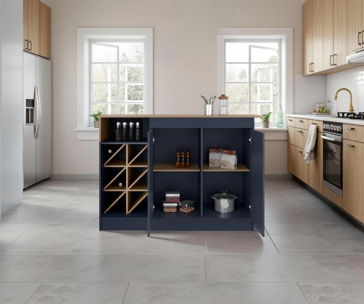 Barra de Cocina Lugano, Fresno Europeo y Kronos Azul, con espacio abierto para objetos decorativos ZF - Image 5