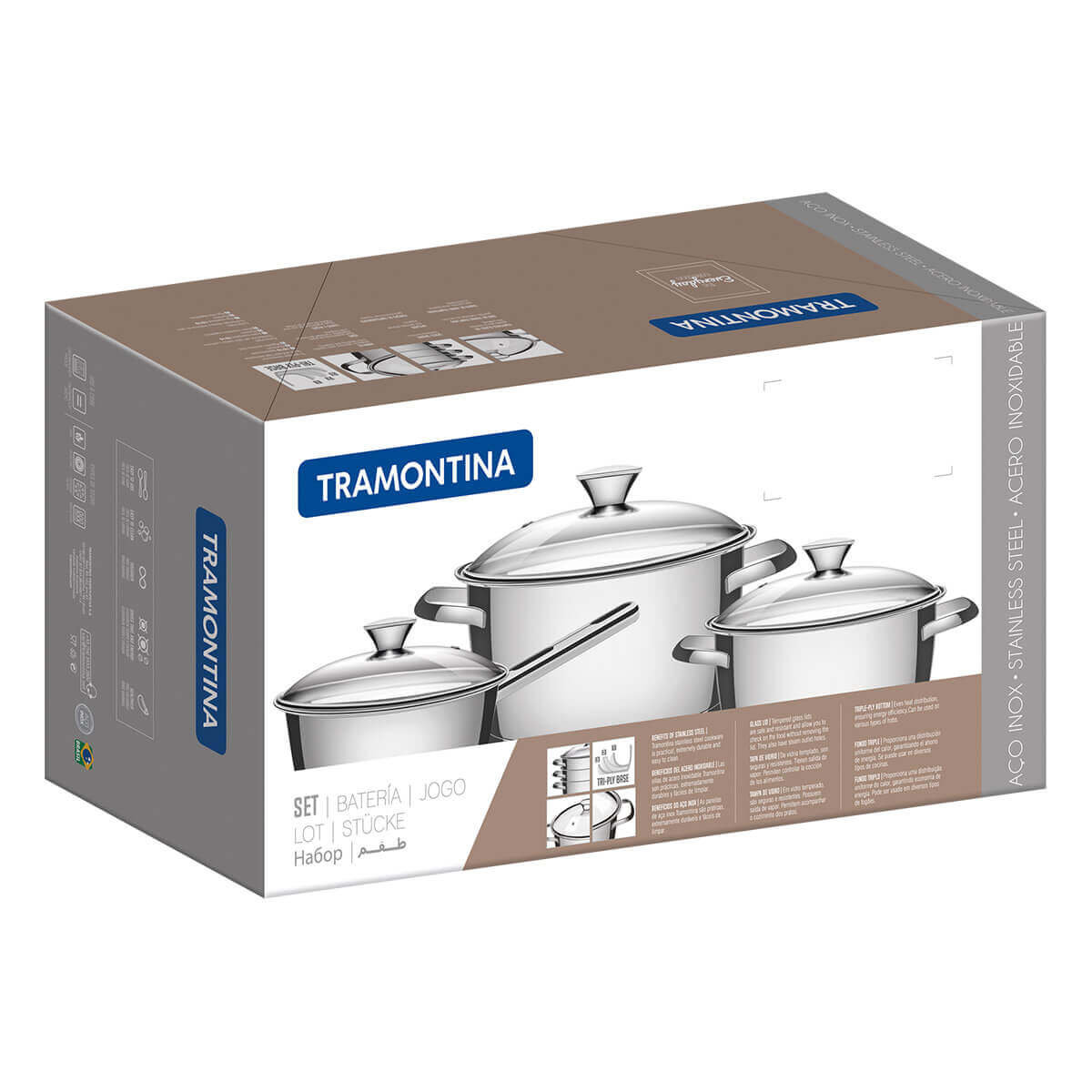 Batería de cocina de acero inoxidable con tapa de vidrio de 3 piezas Tramontina - Image 3