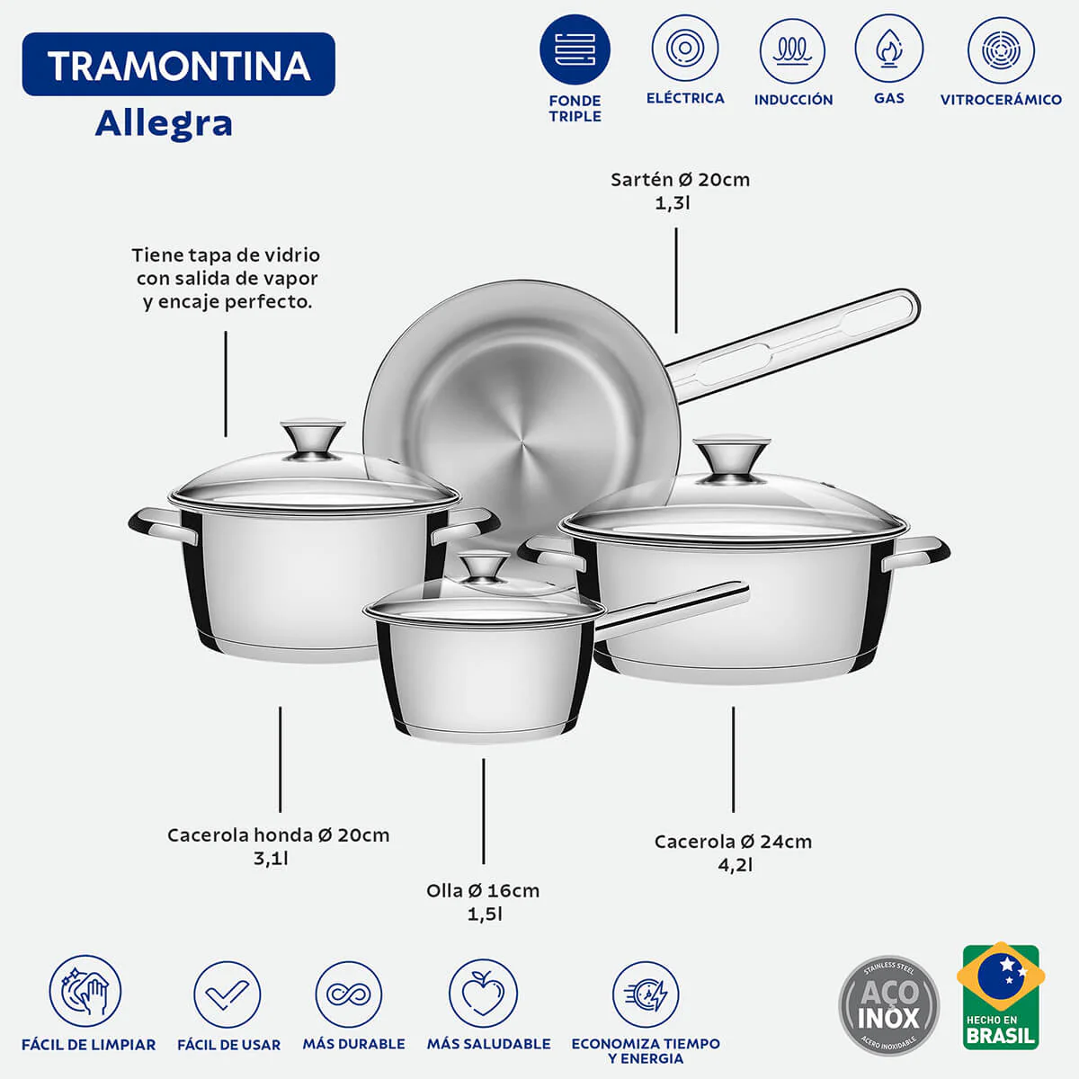 Batería de cocina de acero inoxidable con fondo triple de 4 piezas Tramontina - Image 4