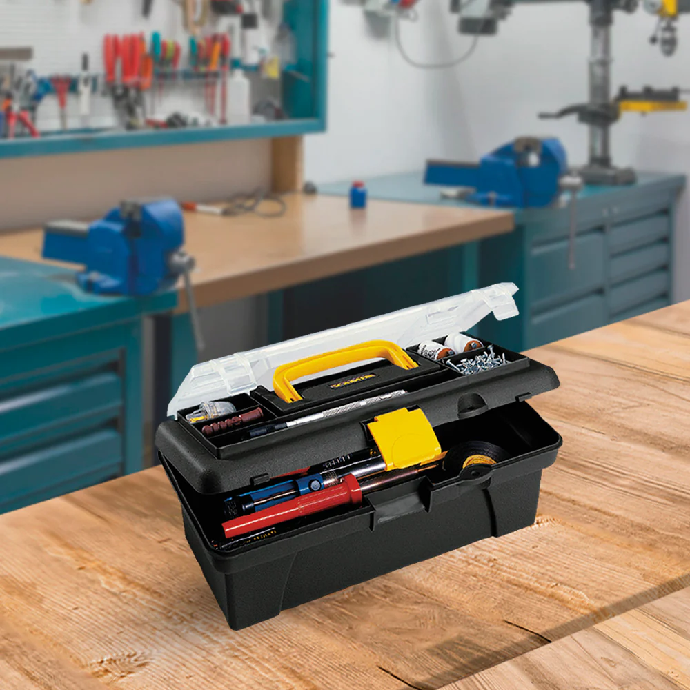 Caja herramientas 12" con tapa organizadora cerradura plástica negro marca Rimax