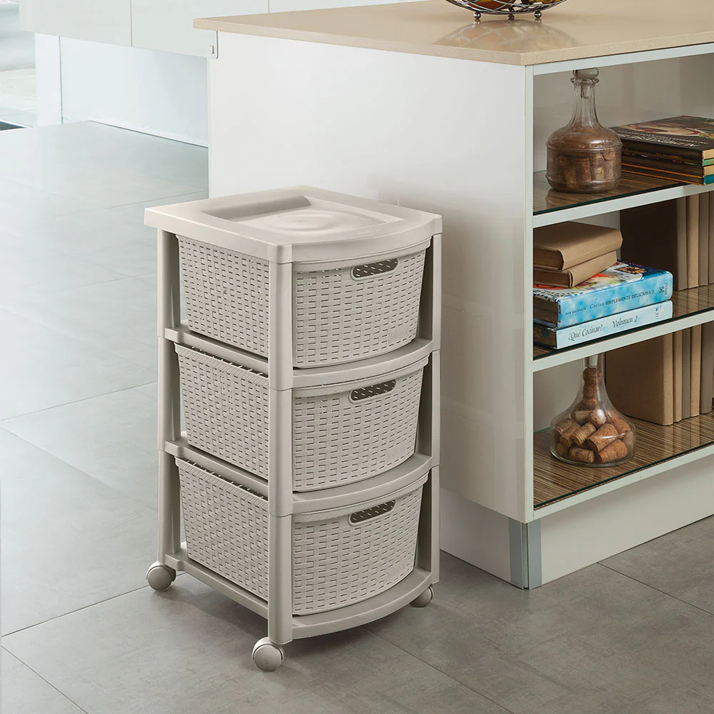 Cajonero apariencia rattan 3 gavetas altas taupe marca Rimax