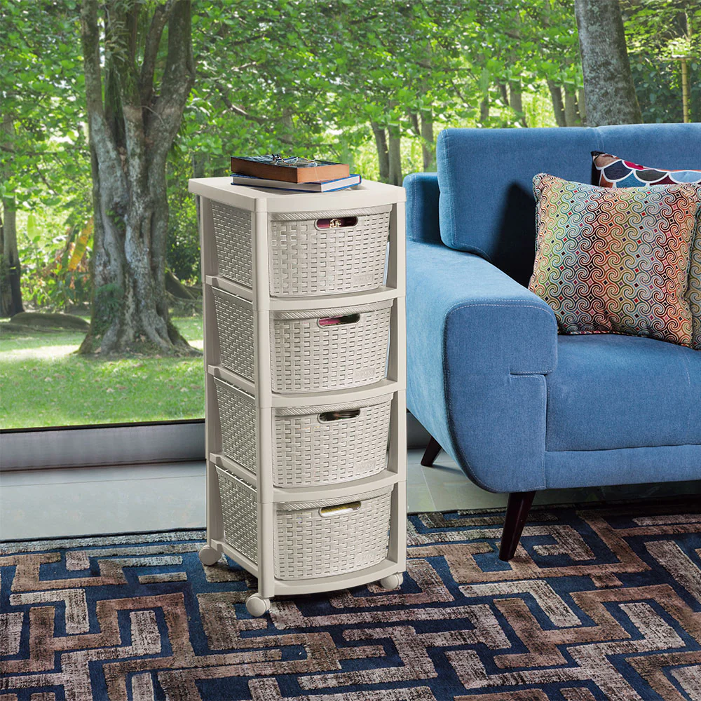 Cajonero apariencia rattan 4 gavetas altas taupe marca Rimax