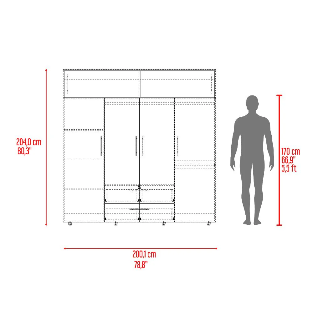 Closet Babel, Cartagena y Blanco, con Cuatro Puertas Abatibles y Cuatro Cajones Multiusos - Image 9