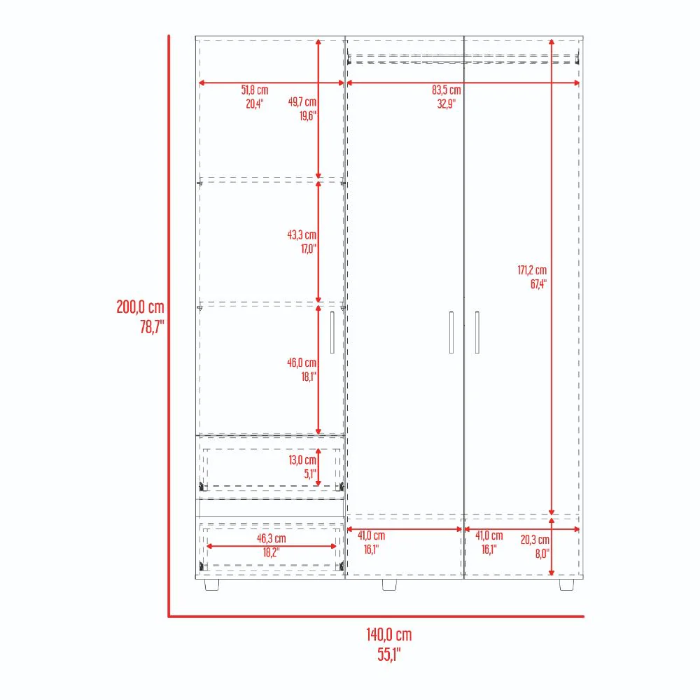 Closet Light 140, Fresno Europeo y Blanco, con tres puertas abatibles - Image 9