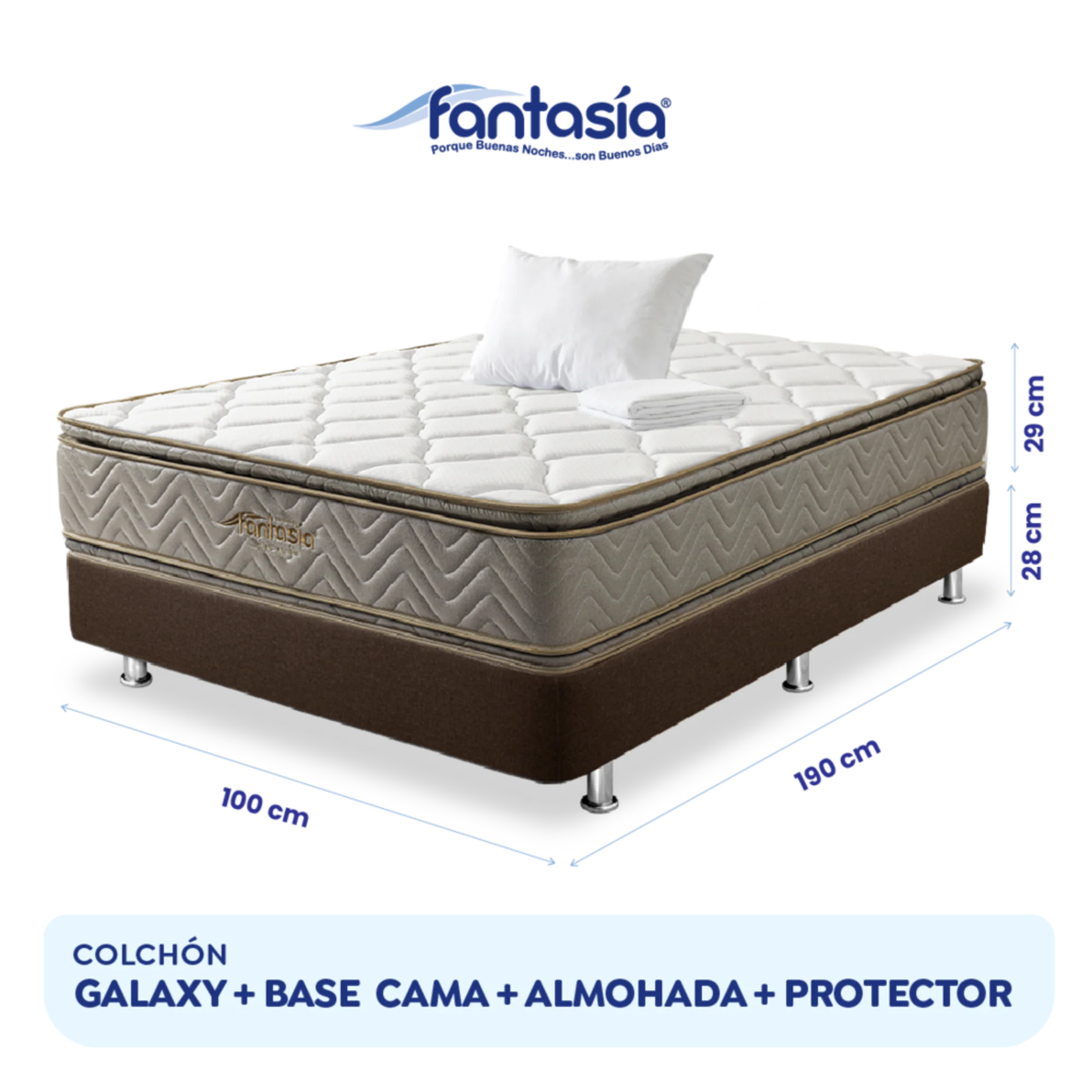 Combo colchón fantasia galaxy 100x190 cm + base cama lino café + almohada + protector damasco  marca Fantasía - Image 8
