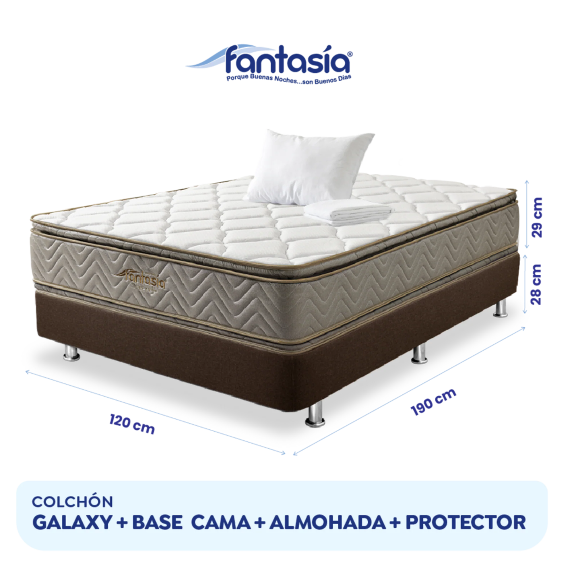 Combo colchón fantasia galaxy 120x190 cm + base cama lino café + almohada + protector damasco  marca Fantasía - Image 9