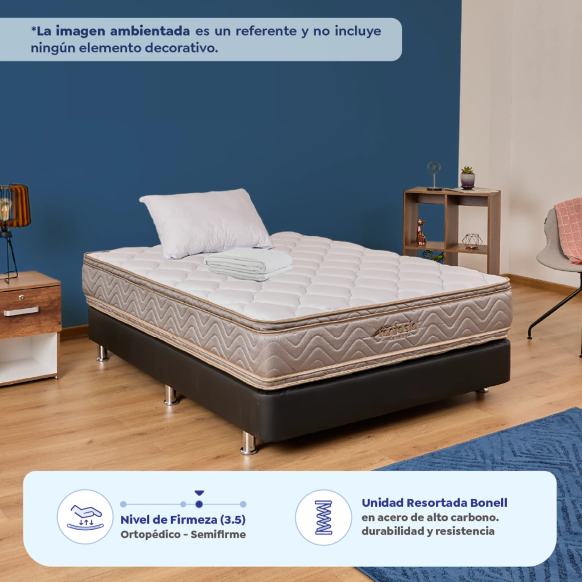 Combo colchón fantasia galaxy 120x190 cm + base cama tipo cuero negro + almohada + protector damasco marca Fantasía