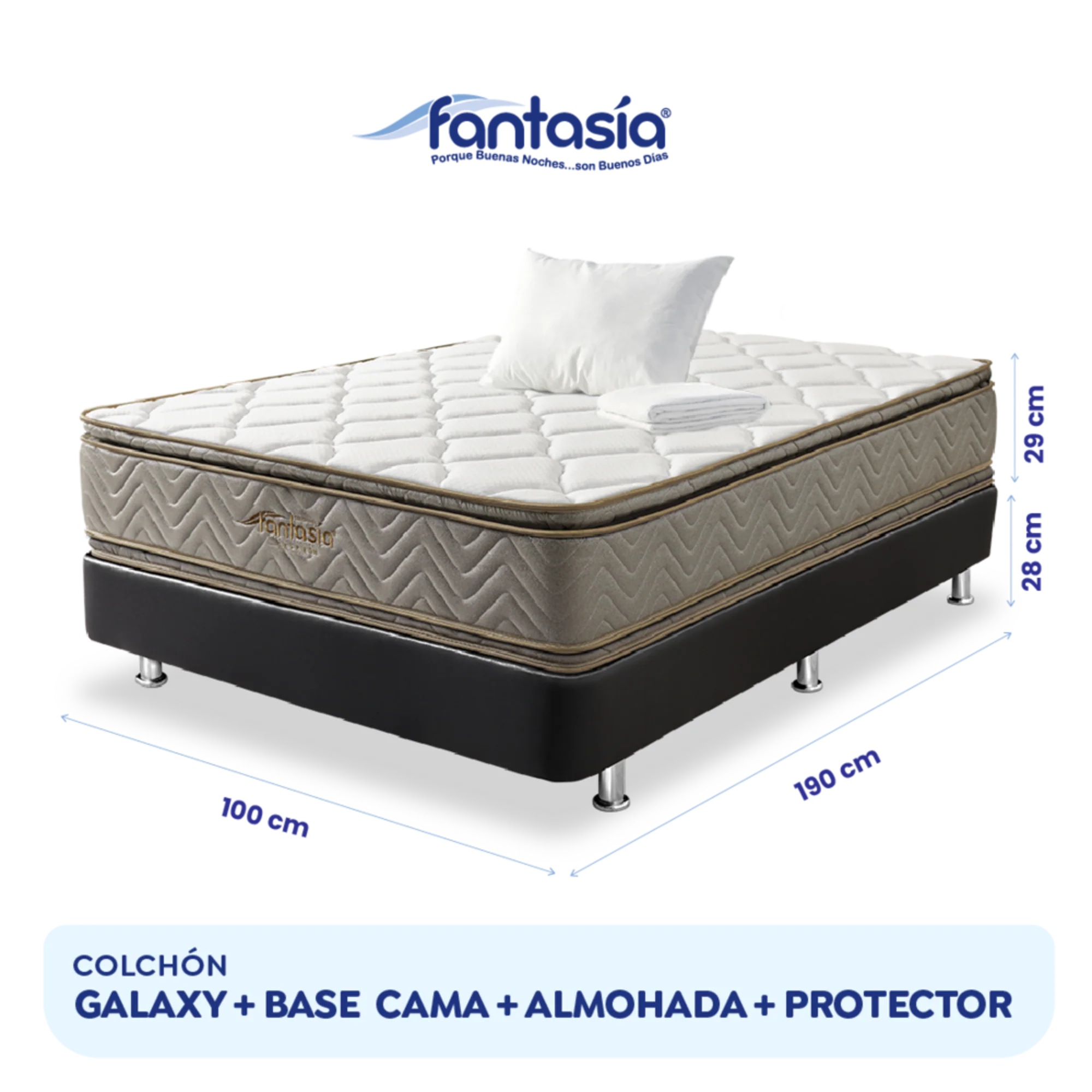 Combo colchón fantasia galaxy 140x190 cm + base cama tipo cuero negro + almohada + protector damasco marca Fantasía - Image 8