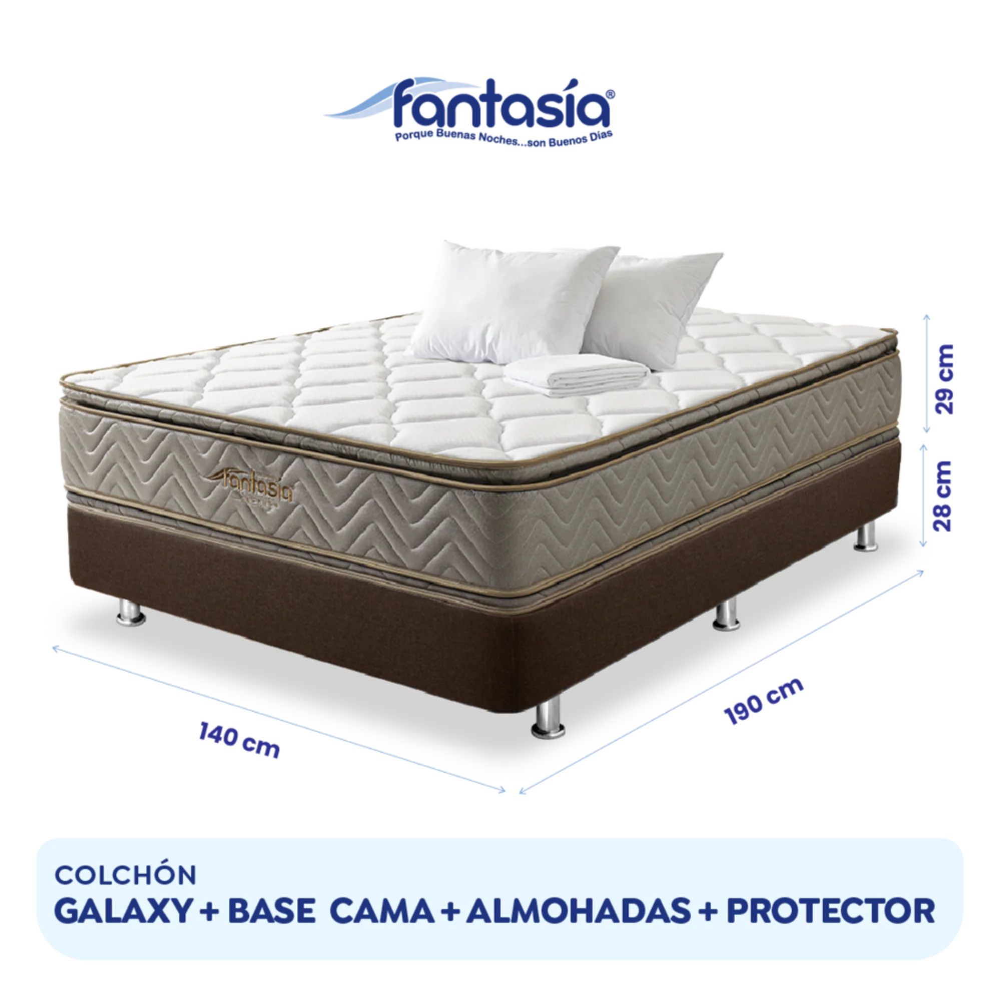 Combo colchón fantasia galaxy 140x190cm + base cama lino café + almohada + protector damasco  marca Fantasía - Image 2