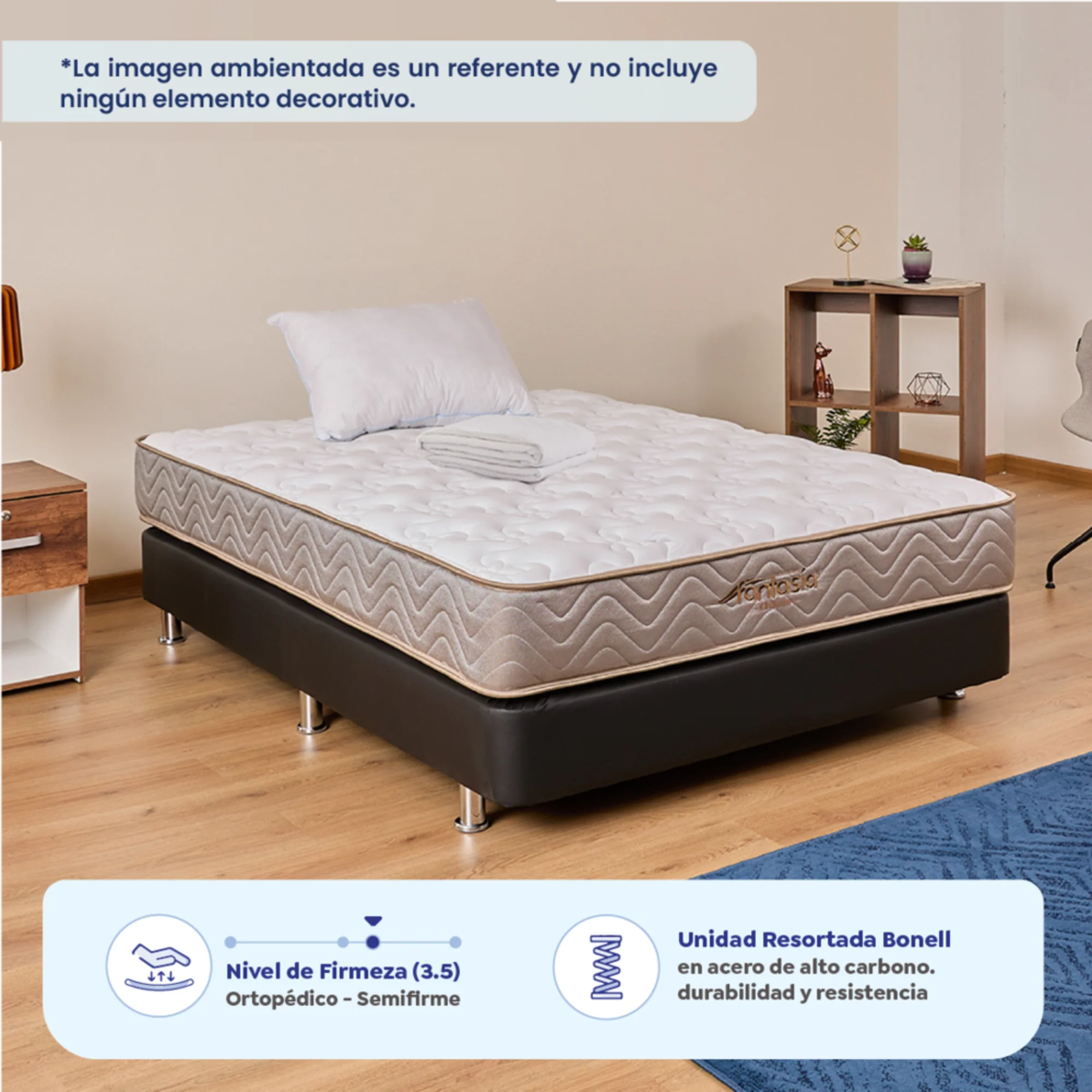 Combo colchón litium 100x190 cm + base cama tipo cuero negro + almohada economica + protector damasco marca Fantasía