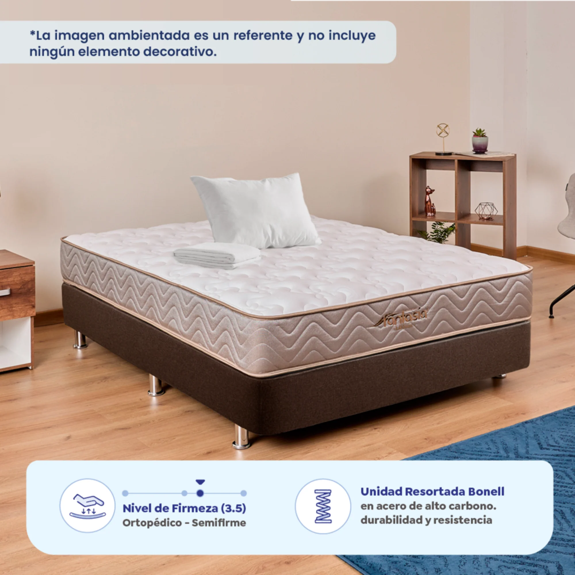 Combo colchón litium 120x190 cm + base cama lino cafe + almohada economica + protector damasco marca Fantasía