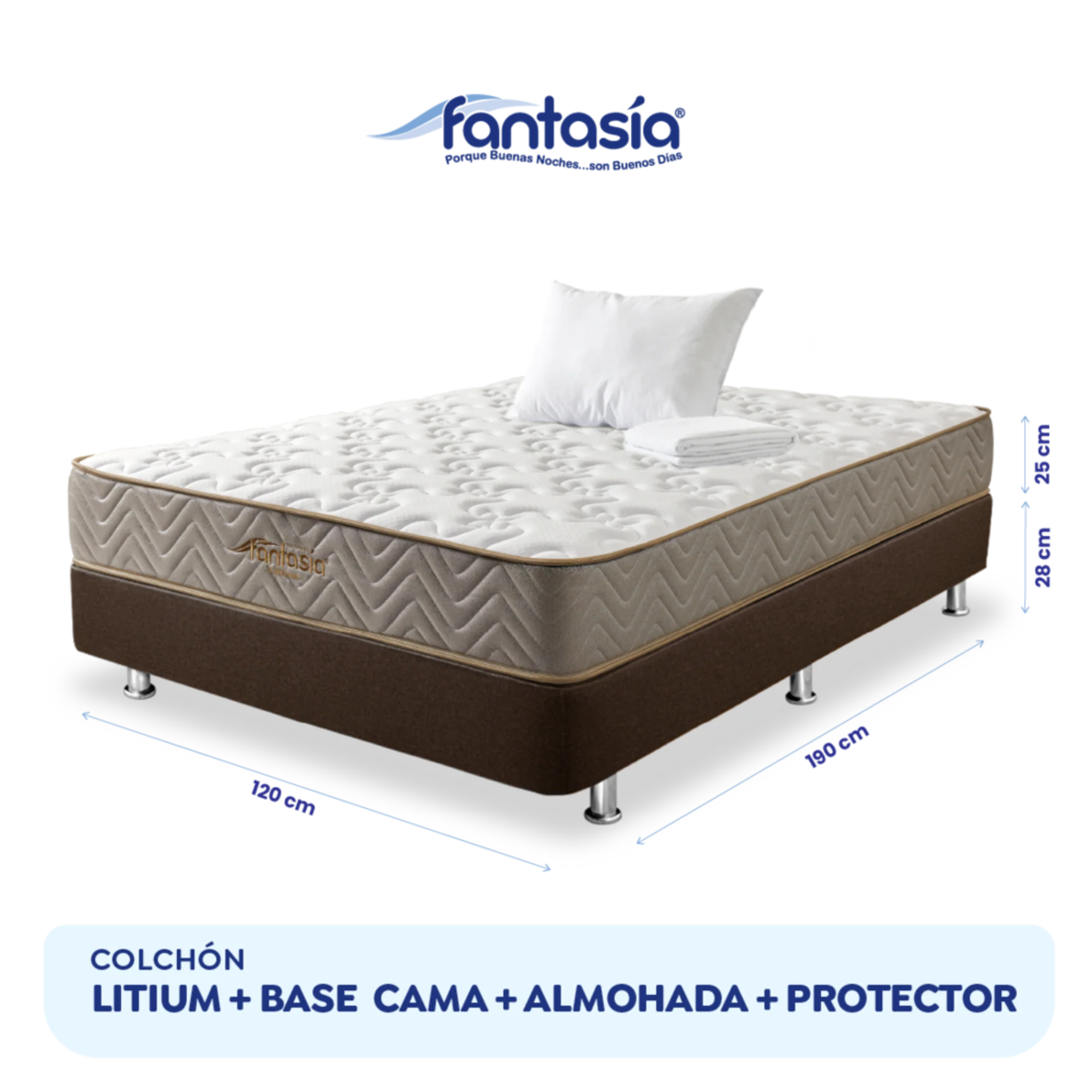 Combo colchón litium 120x190 cm + base cama lino cafe + almohada economica + protector damasco marca Fantasía - Image 8