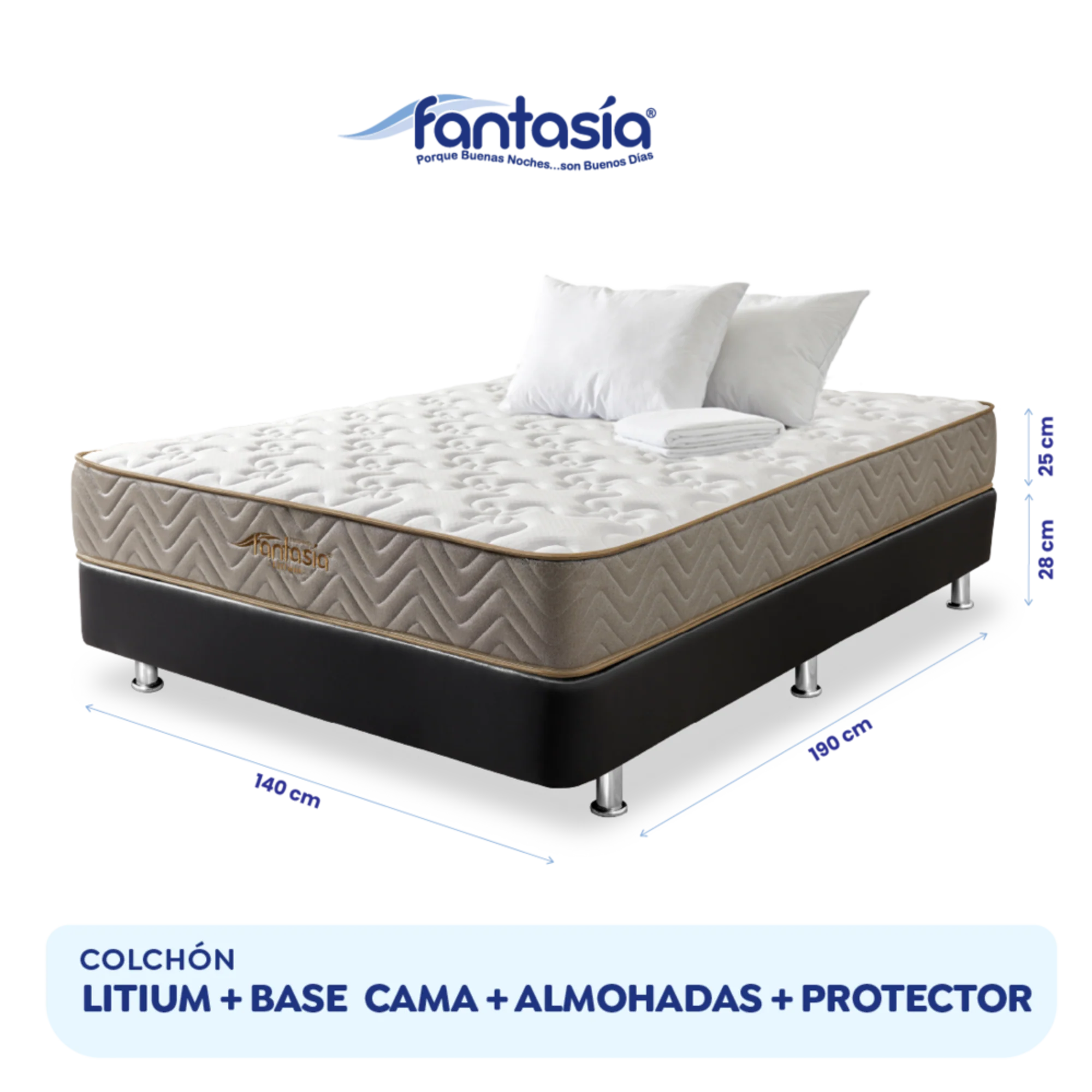 Combo colchón litium 140x190 cm + base cama tipo cuero negro + almohada economica + protector damasco  marca Fantasía - Image 8