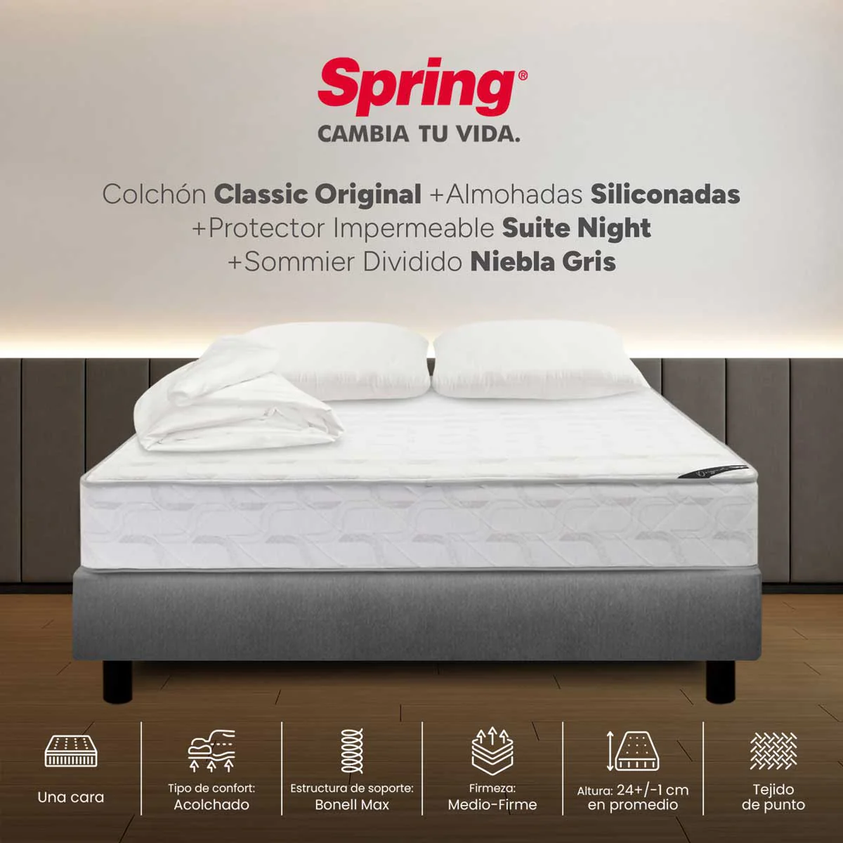 Combo colchón spring classic doble 140x190 cm + almohada siliconada + protector suite night + base cama niebla gris