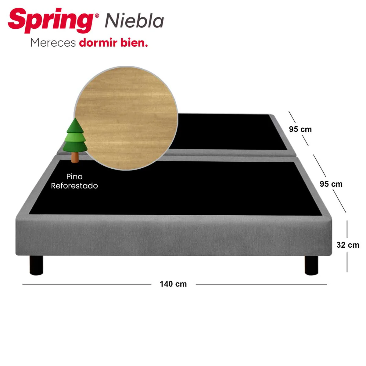 Combo colchón spring classic doble 140x190 cm + almohada siliconada + protector suite night + base cama niebla gris - Image 6