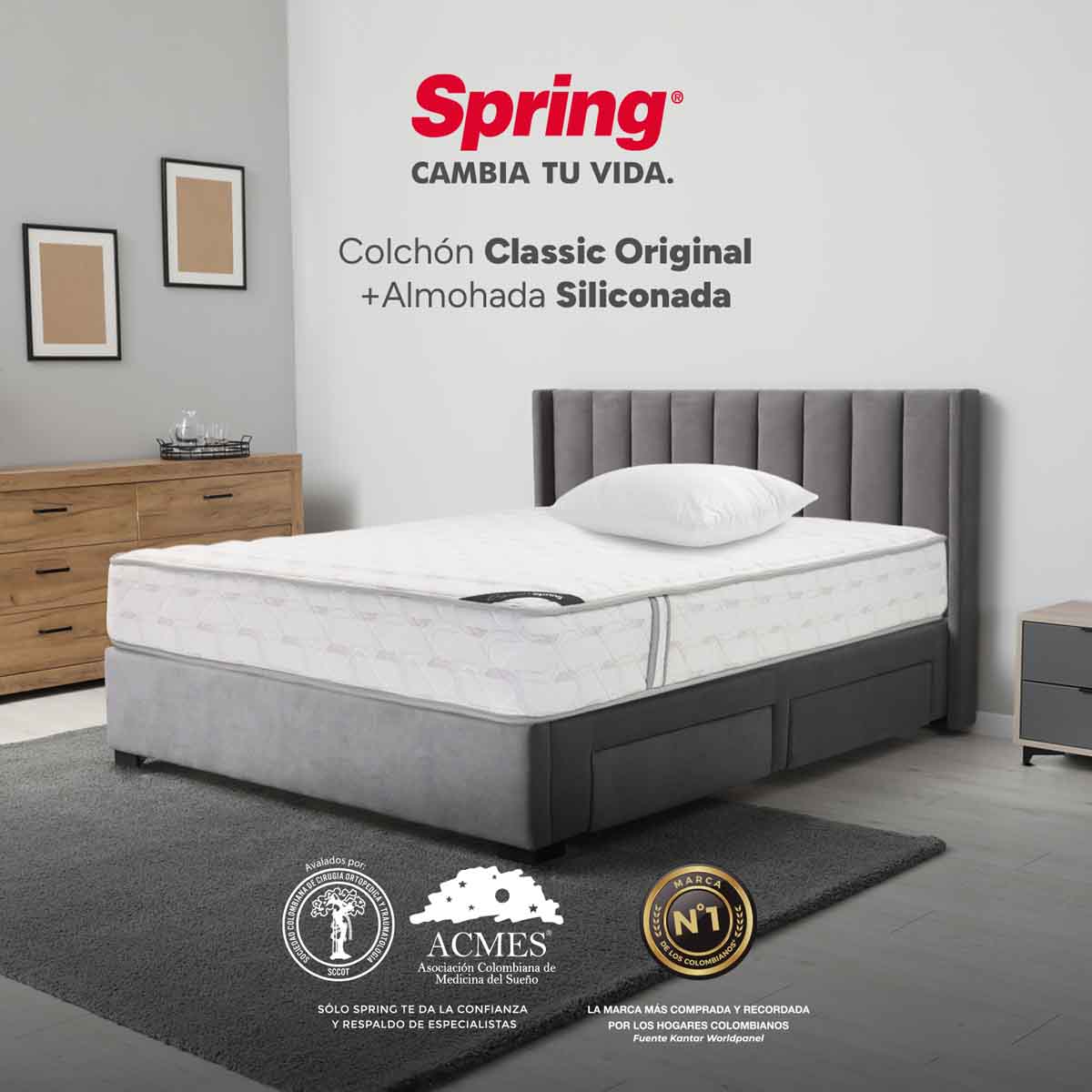 Combo colchón spring classic original semidoble 120x190 cm + set almohada siliconada.