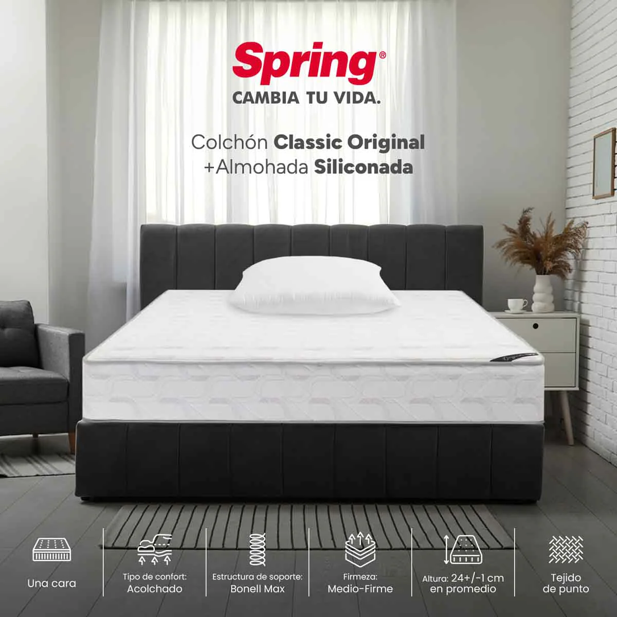 Combo colchón spring classic original sencillo 100x190 cm + set almohada siliconada. - Image 2