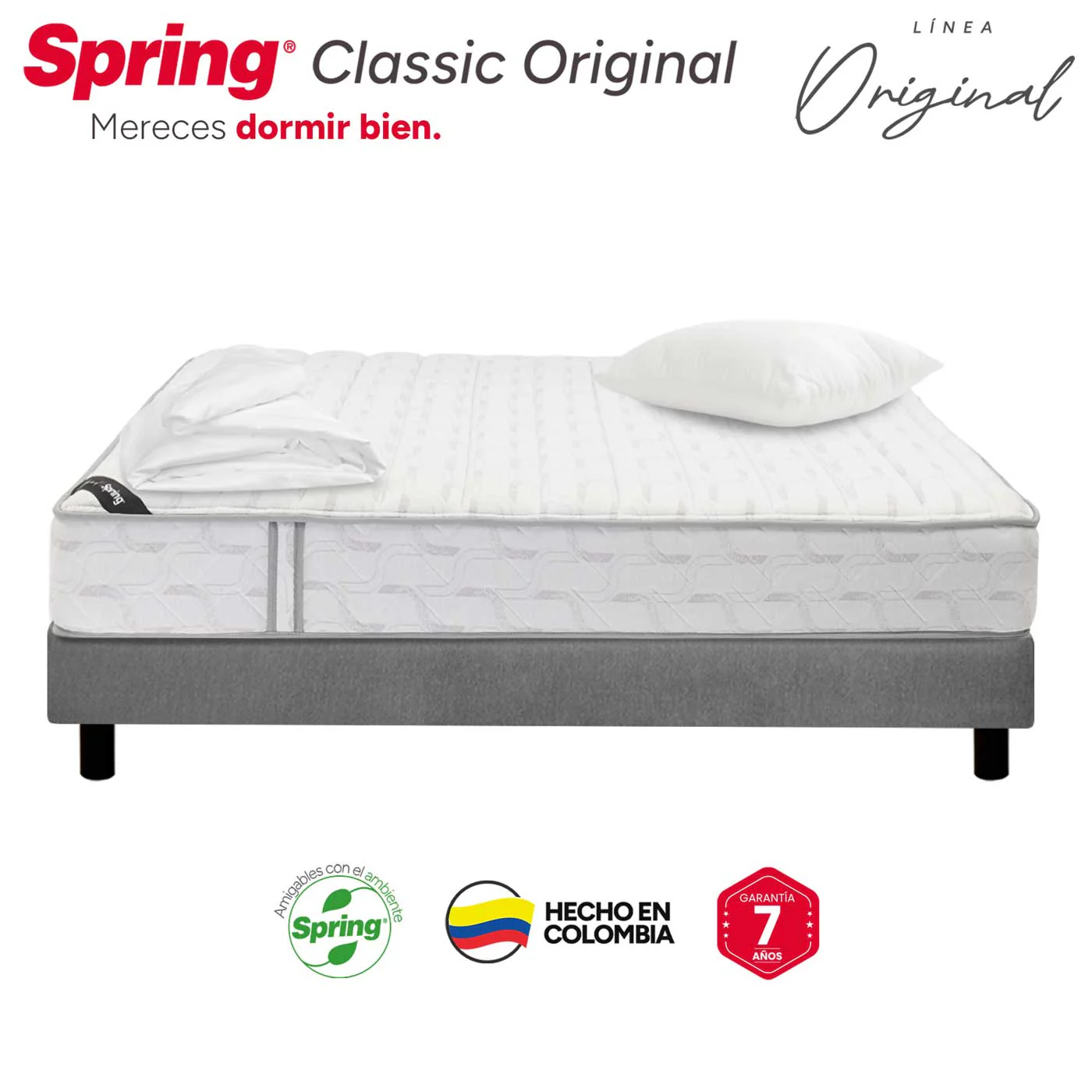 Combo colchón spring classic semidoble 120x190 cm + almohada siliconada + protector suite night + base cama niebla gris - Image 5