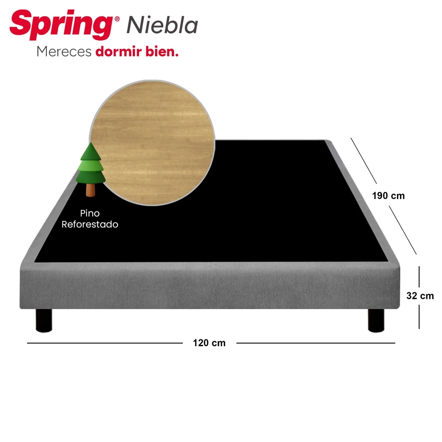 Combo colchón spring classic semidoble 120x190 cm + almohada siliconada + protector suite night + base cama niebla gris - Image 6