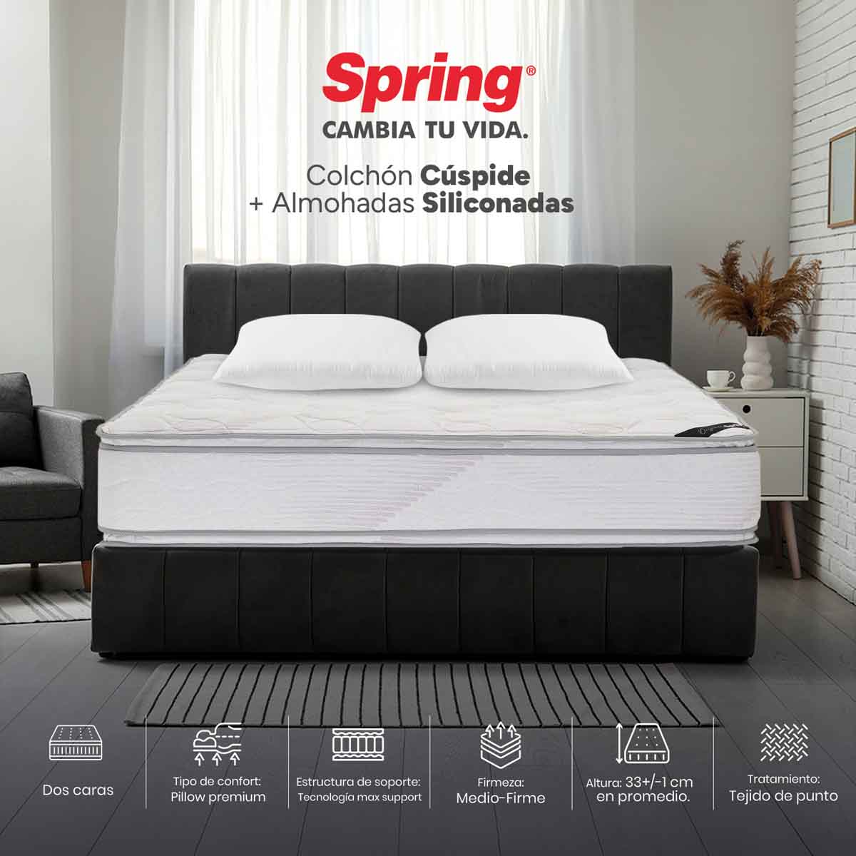 Combo colchón spring  cuspide-queen 160x190 cm +  set almohada siliconada - Image 2