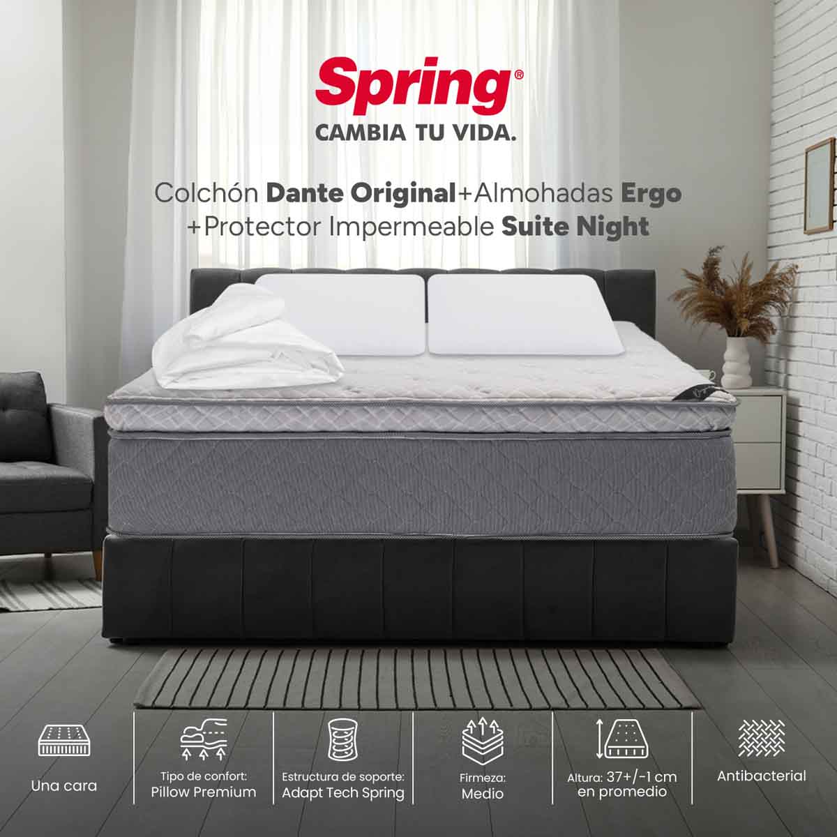 Combo colchón spring  dante original doble 140x190 cm + almohadas ergo - Image 2