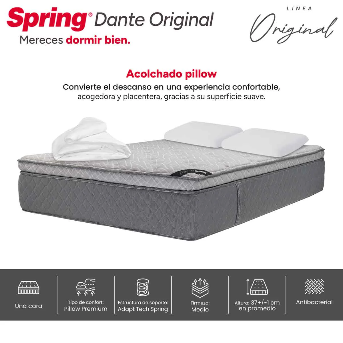 Combo colchón spring  dante original doble 140x190 cm + almohadas ergo - Image 5