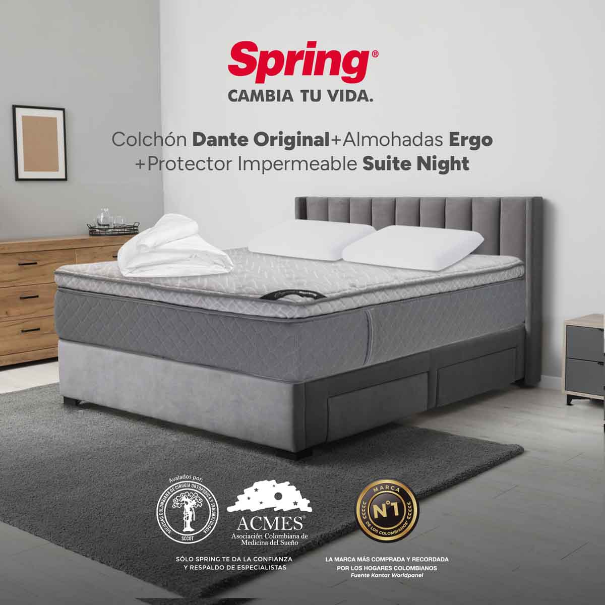 Combo colchón spring dante original queen 160x190 cm + almohadas ergo