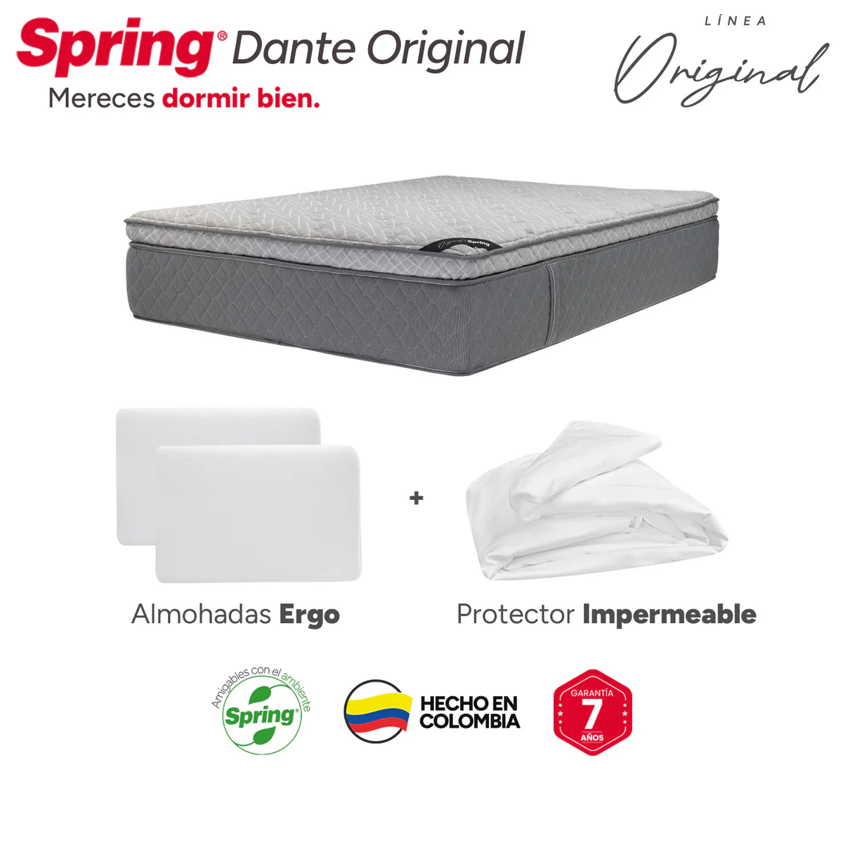 Combo colchón spring dante original queen 160x190 cm + almohadas ergo - Image 5