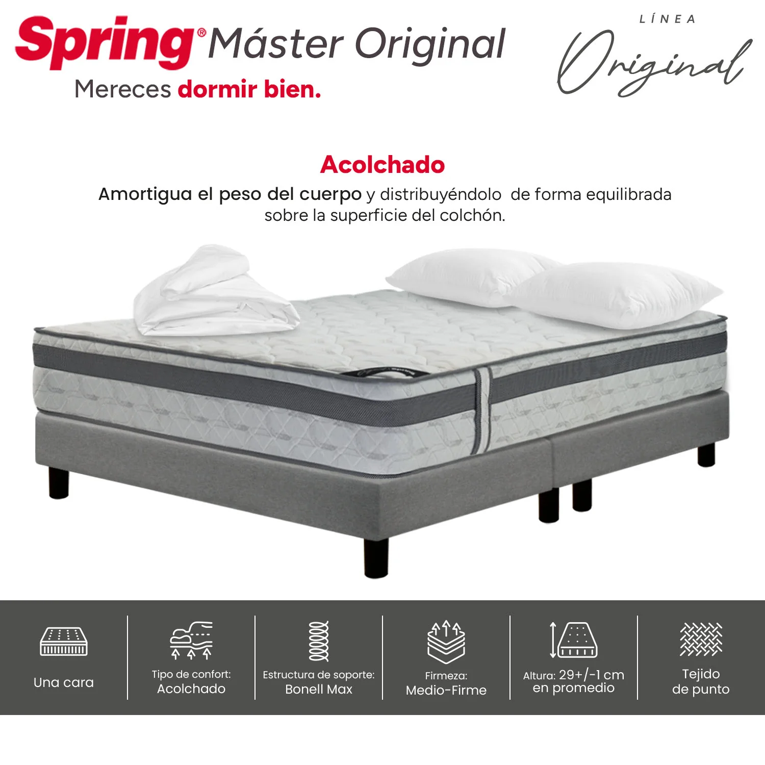 Combo colchon spring master original-140x190 + sommier  italy gris + set x 2 almohadas siliconadas + protector - Image 5