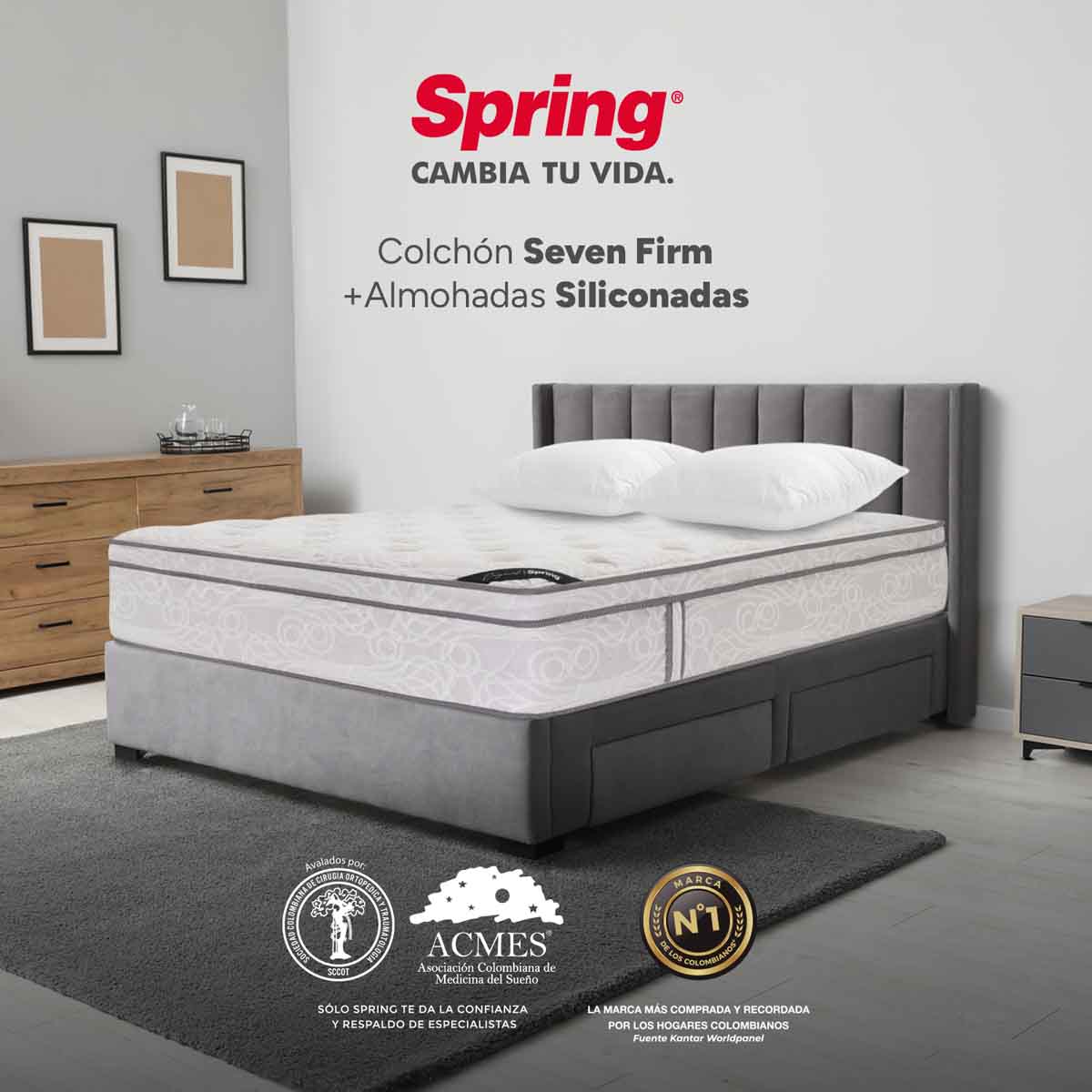 Combo colchón spring  seven firm queen 160x190 cm +  set almohada siliconada