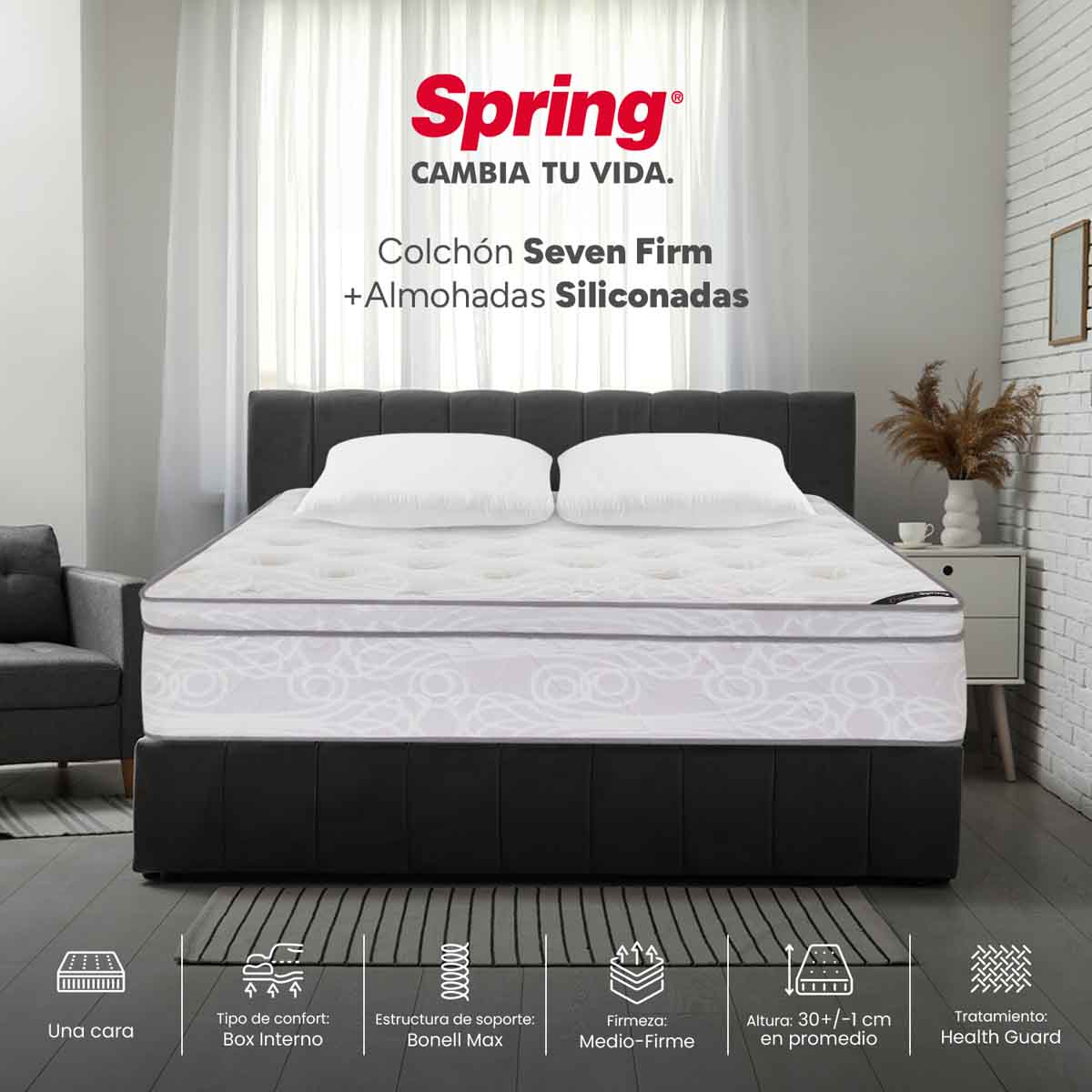Combo colchón spring  seven firm queen 160x190 cm +  set almohada siliconada - Image 2