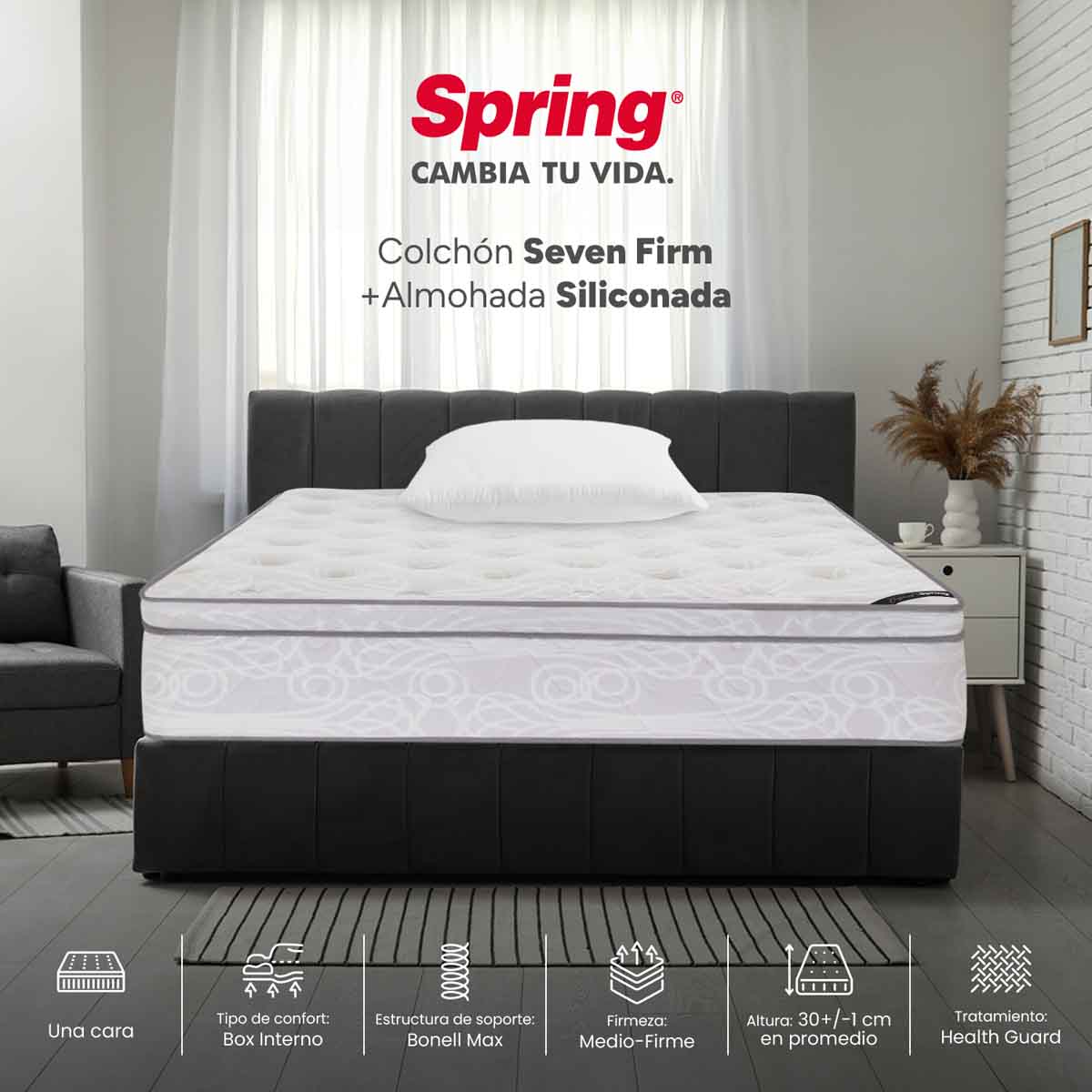 Combo colchón spring  seven firm sencillo 100x190 cm +  set almohada siliconada - Image 2