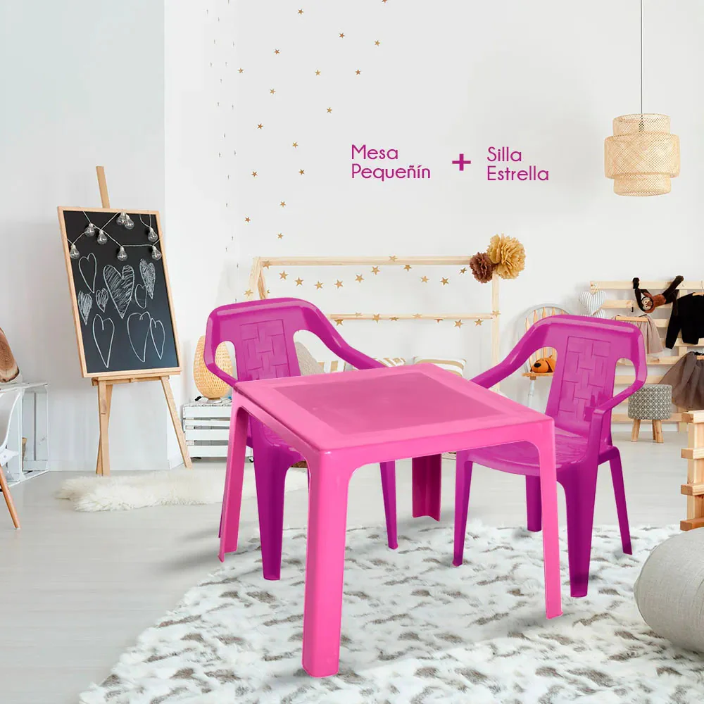 Combo infantil 1 mesa + 2 sillas rosado fuerte marca Rimax