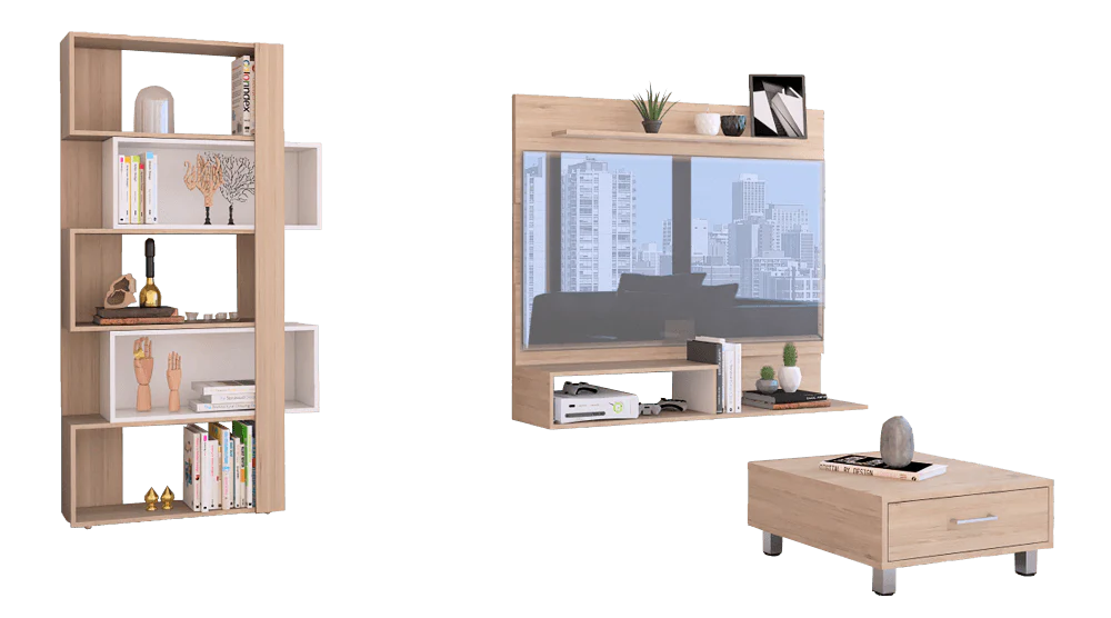 Combo Para Sala Istambul, Incluye Panel TV, Biblioteca Cubo y Mesa de Centro