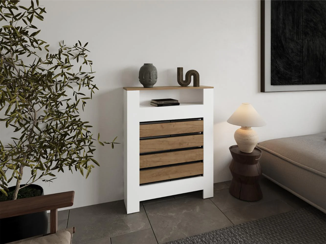 Cubierta para Radiador Mistral, Blanco Duqueza y Fresno Europeo, cuenta con espacio para colocar objetos decorativos ZF - Image 3