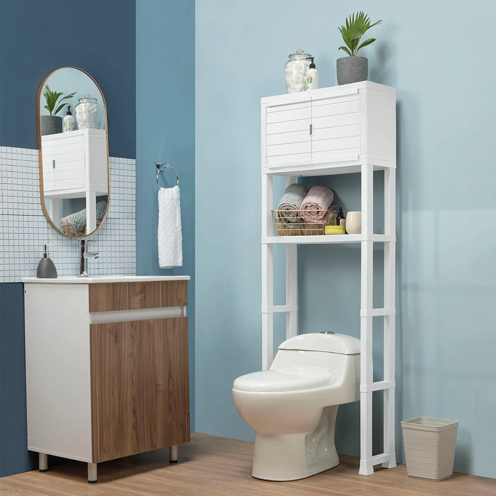 Estante organizador con puertas para baño blanco marca Rimax