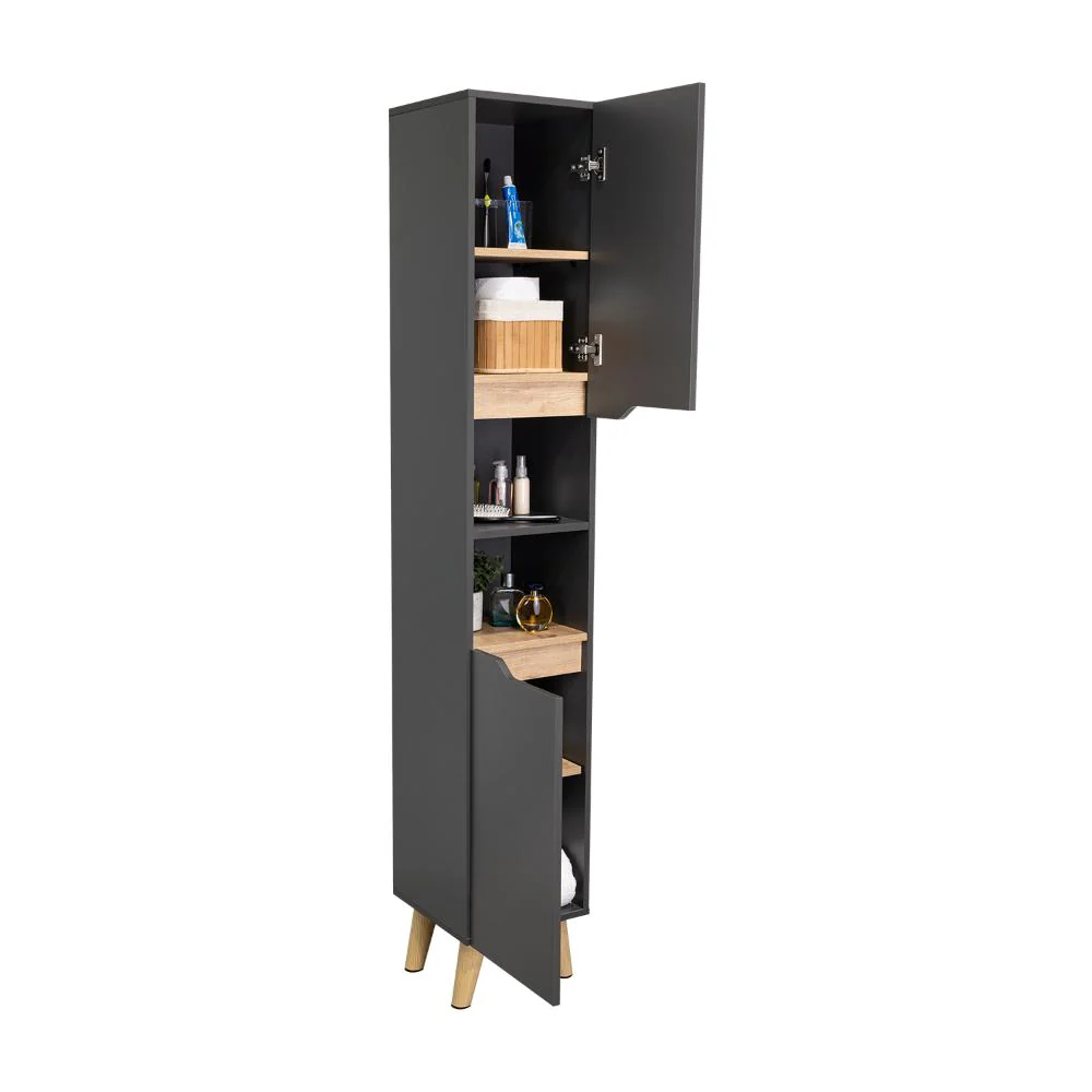 Estanteria de Baño Vicent, Plata Oscuro y Café Claro, con Dos Puertas Abatibles y Entrepaños - Image 2