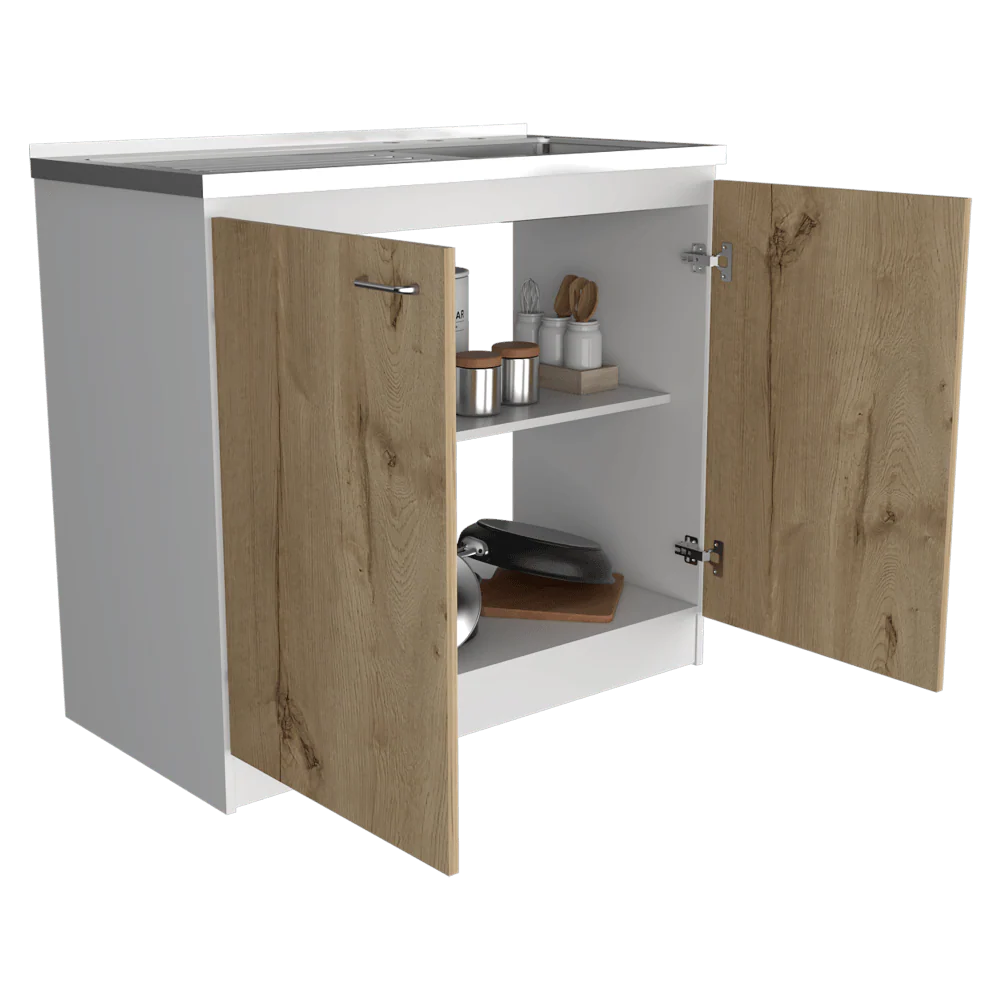Gabinete Inferior Cantabria, Blanco Perla y Café Claro, con Dos Puertas Batientes, con Mesón Derecho  ZF - Image 3