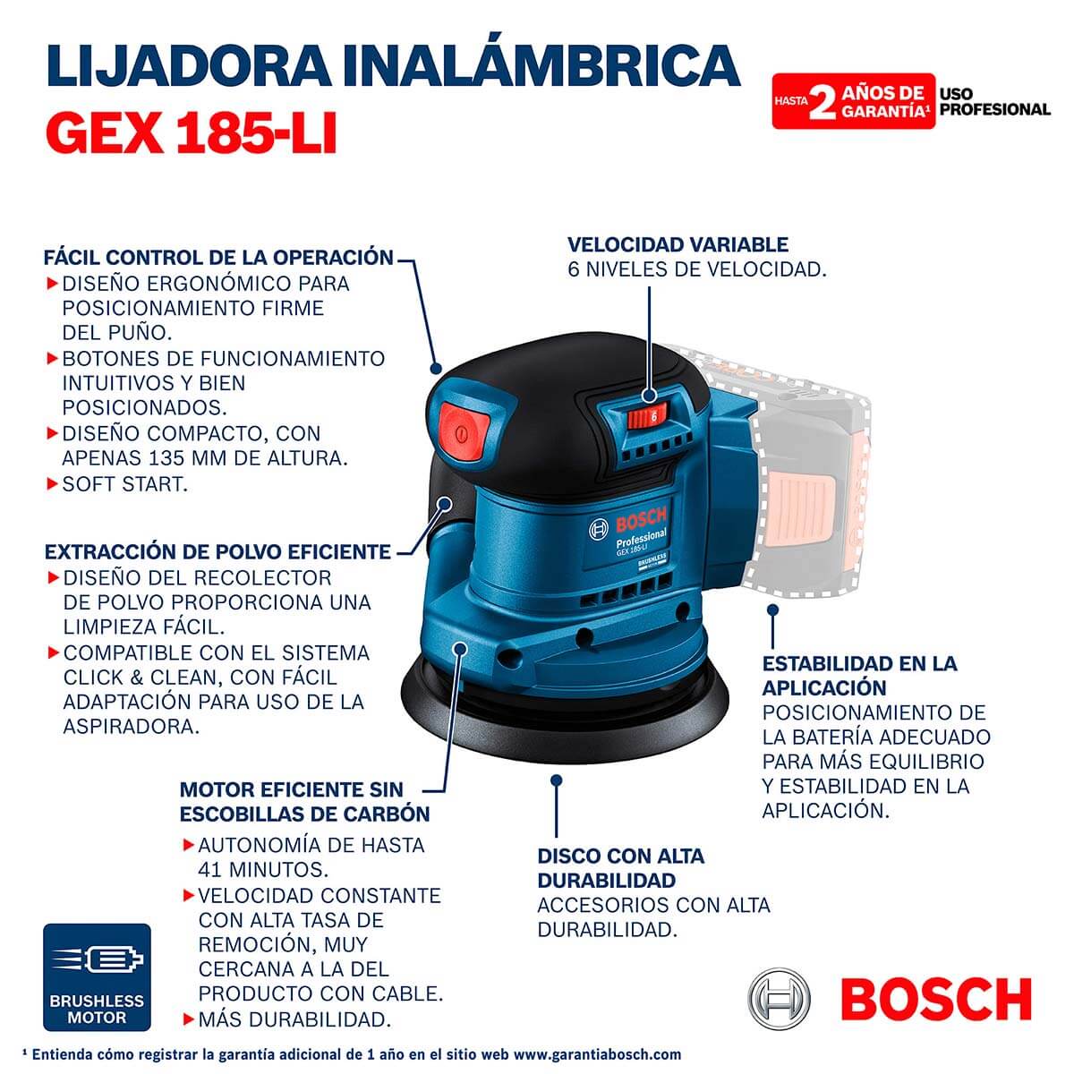 Lijadora roto orbital inalámbrica 18V GEX 185-LI Brushless + Kit 2 Baterías 18V 2,0 Ah + Cargador GAL 18V-20 Marca Bosch - Image 12