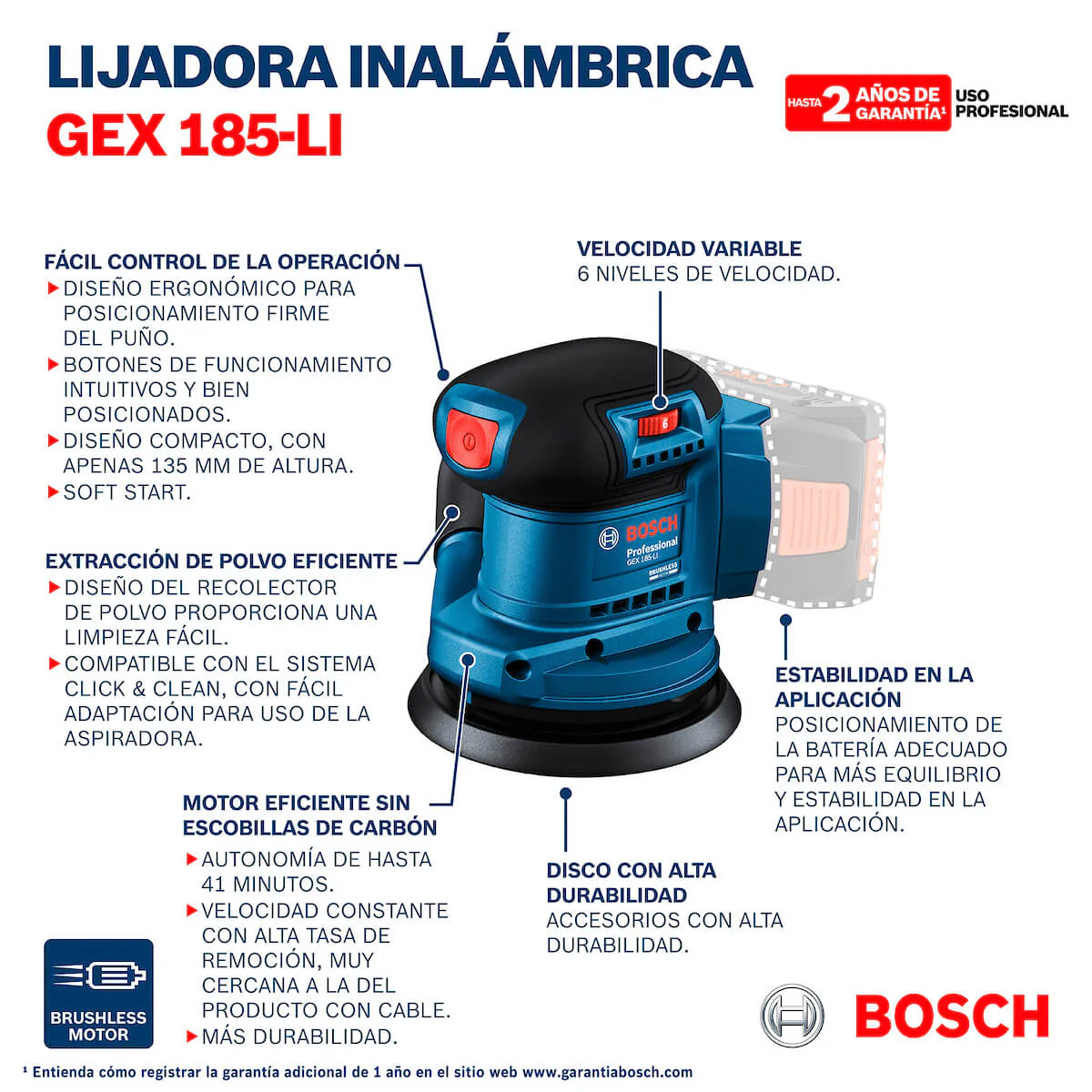 Lijadora roto orbital inalámbrica 18V GEX 185-LI Sin Bateria/Sin Cargador Brushless Bosch - Image 6