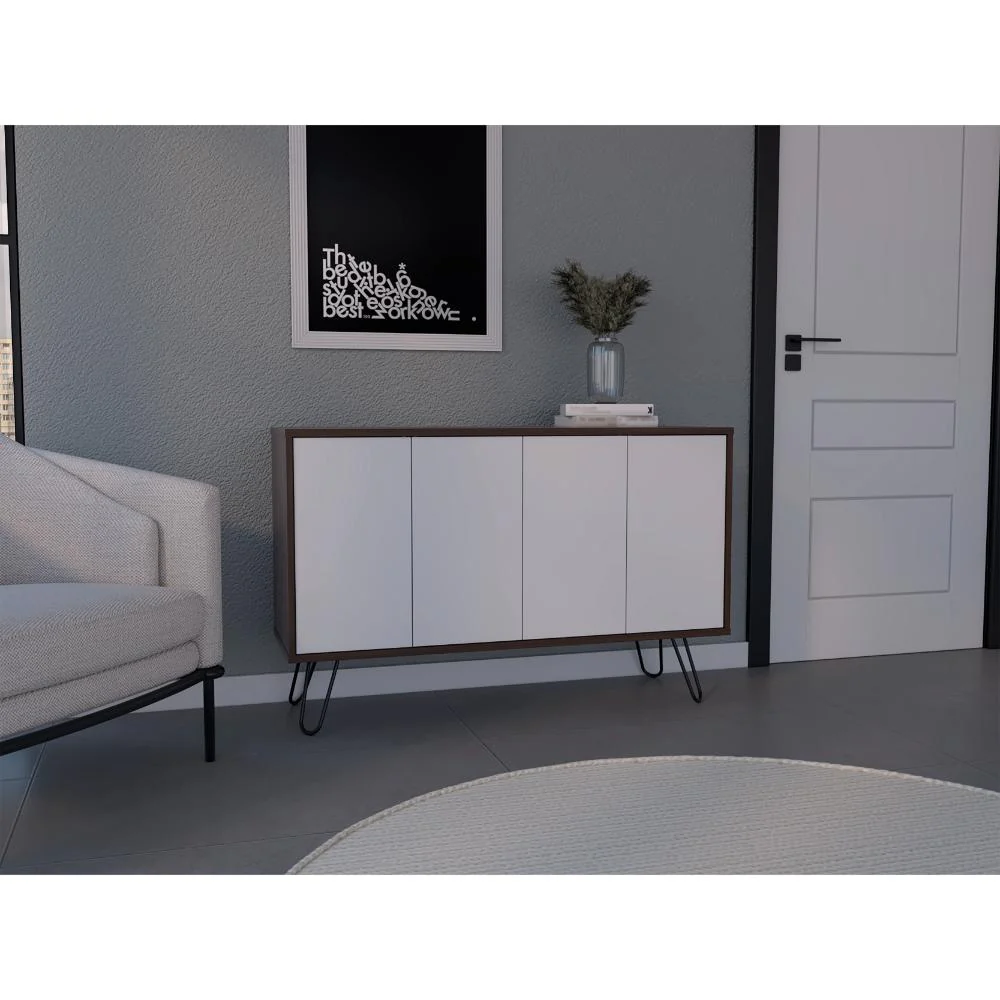 Mesa Auxiliar Lara, Caoba y Blanco, con Varios Entrepaños y Patas Metálicas - Image 4