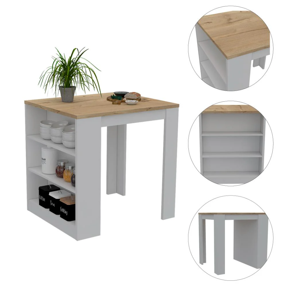 Mesa Auxiliar Mayer, Blanco y Café Claro, con Amplia Supeicie En La Mesa y Tres Entrepaños    ZF - Image 10