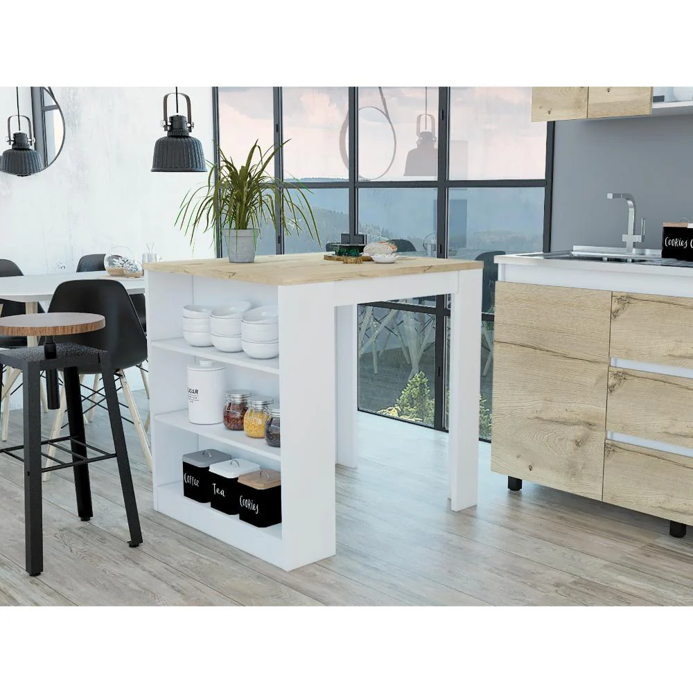 Mesa Auxiliar Mayer, Blanco y Café Claro, con Amplia Supeicie En La Mesa y Tres Entrepaños    ZF - Image 3