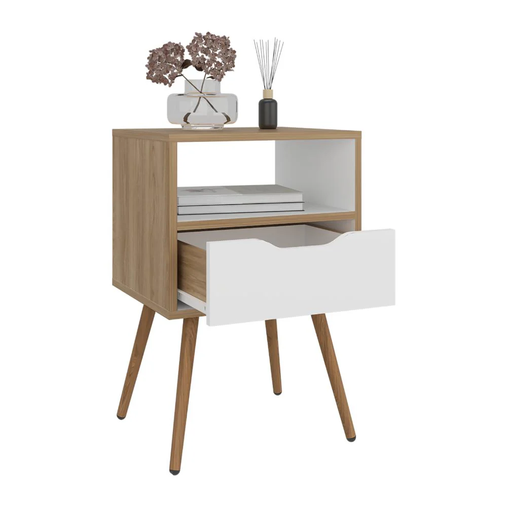 Mesa de Noche Alesio, Fresno Europeo y Blanco, con Patas en Madera y un Cajón