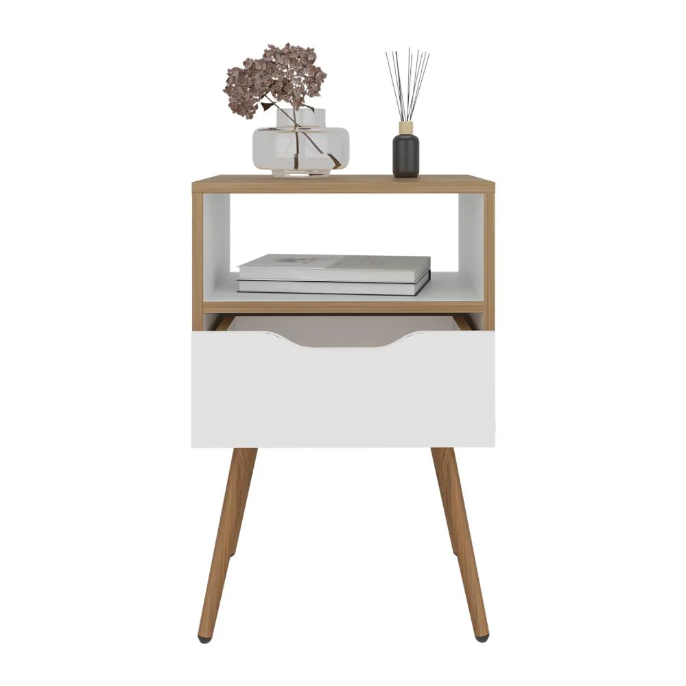 Mesa de Noche Alesio, Fresno Europeo y Blanco, con Patas en Madera y un Cajón - Image 2