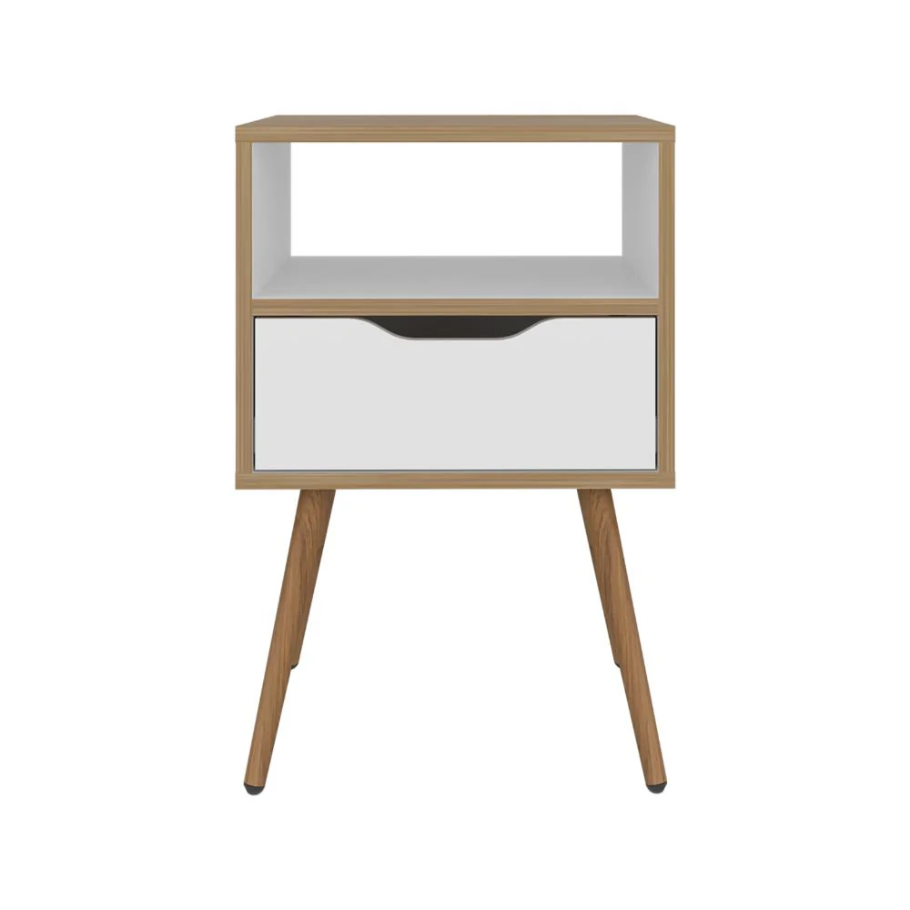 Mesa de Noche Alesio, Fresno Europeo y Blanco, con Patas en Madera y un Cajón - Image 6