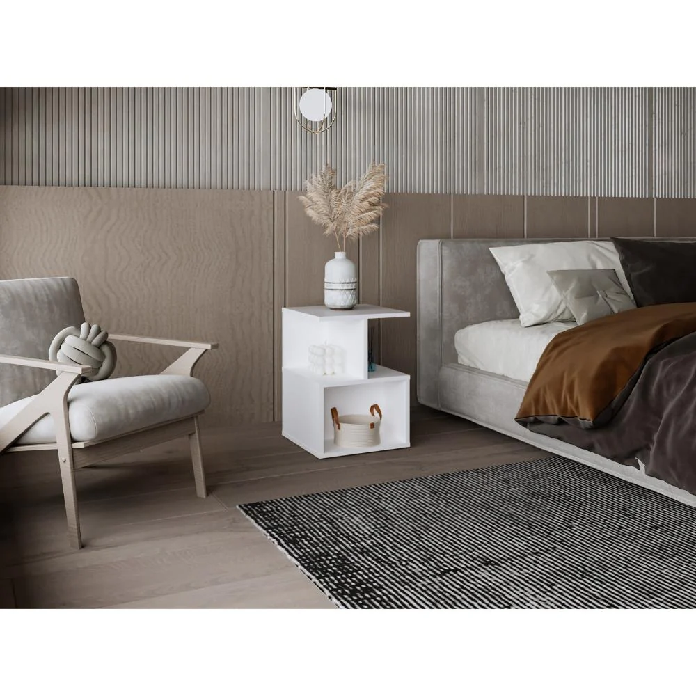 Mesa de Noche Ocaso, Blanco, Con variedad de entrepaños para ubicar objetos, diseño moderno ZF - Image 3